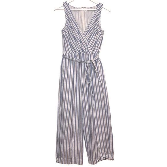 GAP Linen Cotton Jumpsuit Size 4 Blue Striped Apron Wide Leg Cropped - Picture 2 of 9